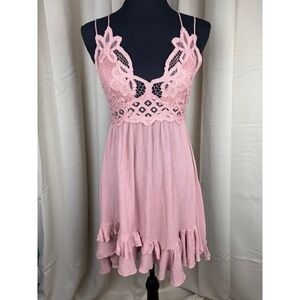 Free People Adella Slip Dress Pink Lace Mini Dress Boho Ruffle Hem Size XS